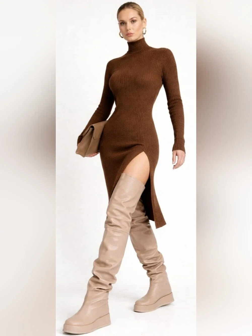 NEW Gia Borghini x RHW Rosie 10 Leather Thigh-High Boots TAN BEIGE Platform